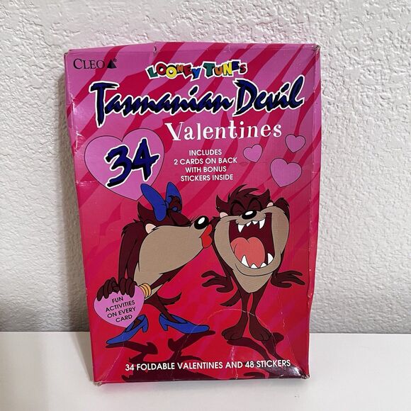 Vintage Cleo Looney Tunes Tasmanian Devil Taz 42 Valentines Cards & Sticker 1996 - Picture 1 of 12